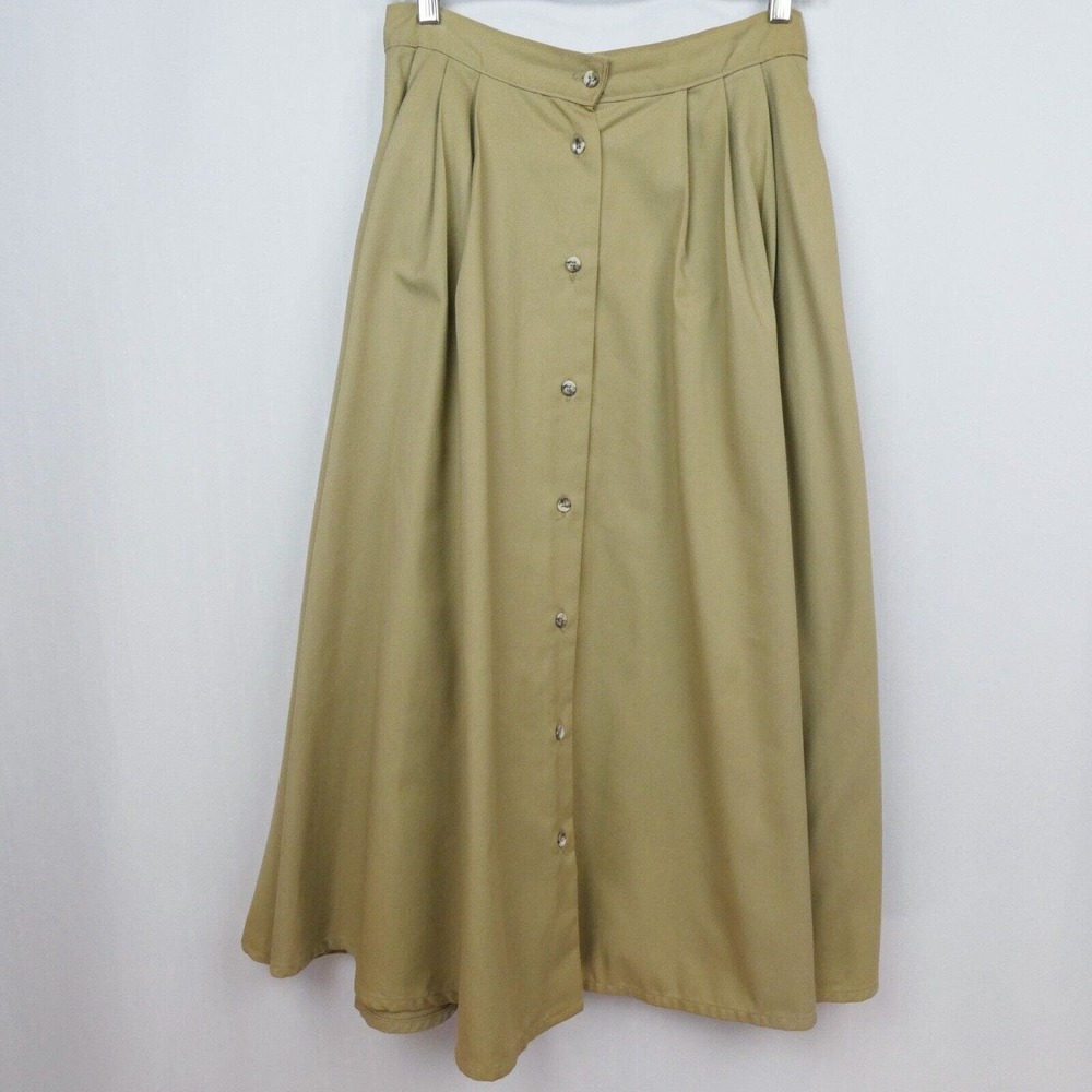 Vintage Pleated Button Front Below Knee Midi Skirt Sz S Khaki Tan Beige Twill